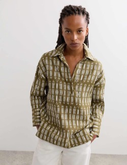 Pure Linen Dash Printed Popover Blouse