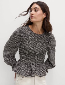 Crew Neck Shirred Checked Blouse