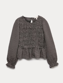 Crew Neck Shirred Checked Blouse