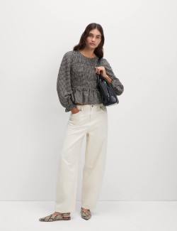 Crew Neck Shirred Checked Blouse