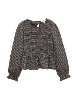 Crew Neck Shirred Checked Blouse