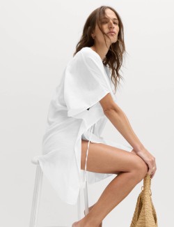 Kaftanové mini šaty z čisté bavlny s ozdobným zavazováním