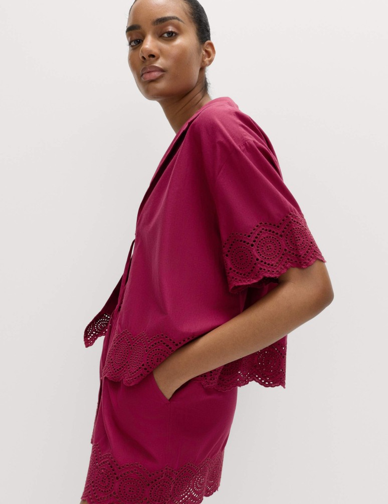 Plážová košile z čisté bavlny s prostřihovaným zdobením a zapínáním vpředu