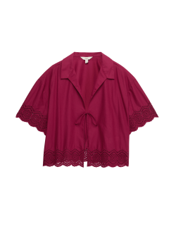 Plážová košile z čisté bavlny s prostřihovaným zdobením a zapínáním vpředu