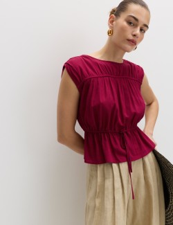 Ruched Scoop Neck Regular Fit Top with Linen