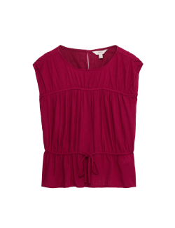 Ruched Scoop Neck Regular Fit Top with Linen