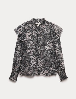Printed Sparkly Tie Neck Ruffle Blouse