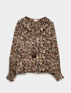 Floral Frill Tie Neck Blouse