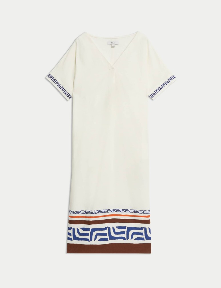 Splývavé midi šaty s vysokým podílem lnu a výstřihem do V