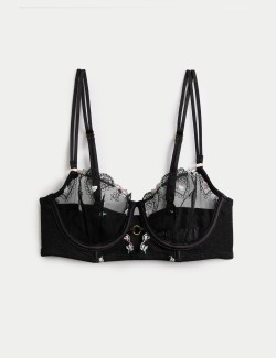 Prodloužená balkonová podprsenka Leah s výšivkou a kosticemi (A–E)