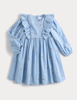 Pure Cotton Frill Floral Embroidered Dress (1-8 Yrs)