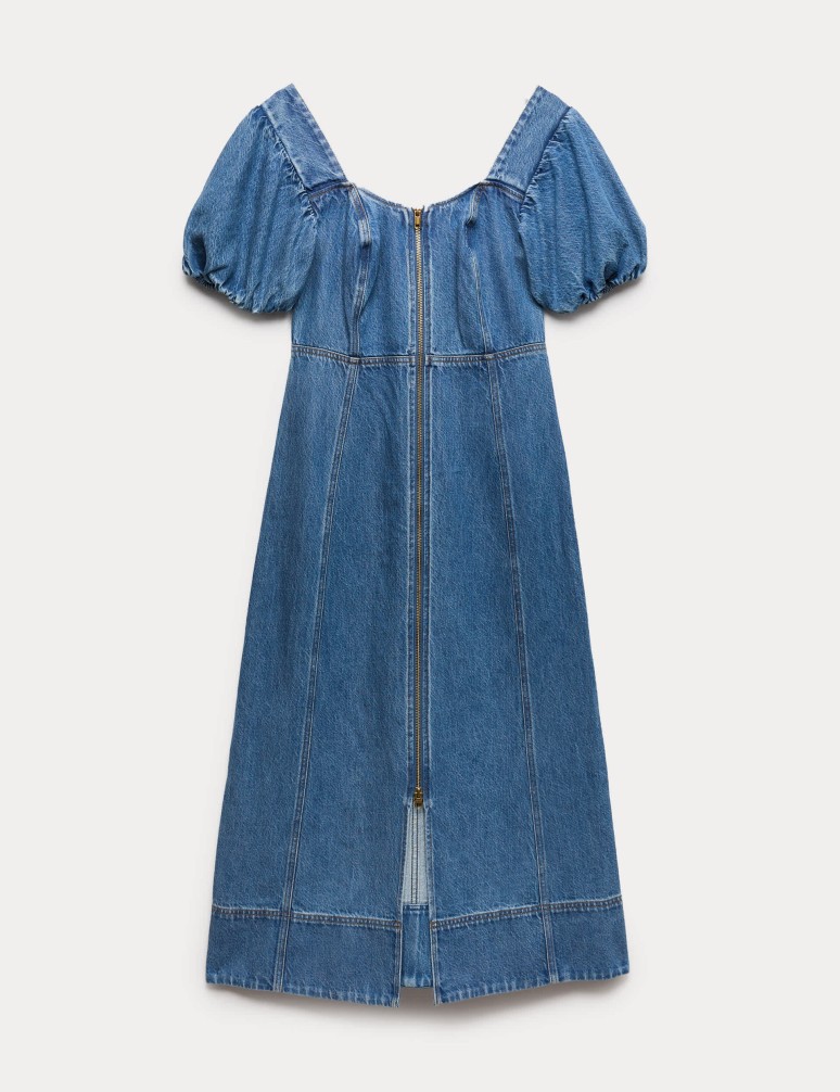 Džinové midi šaty se zvýrazněným pasem a nabíranými rukávy