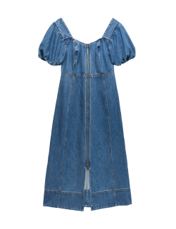 Džinové midi šaty se zvýrazněným pasem a nabíranými rukávy