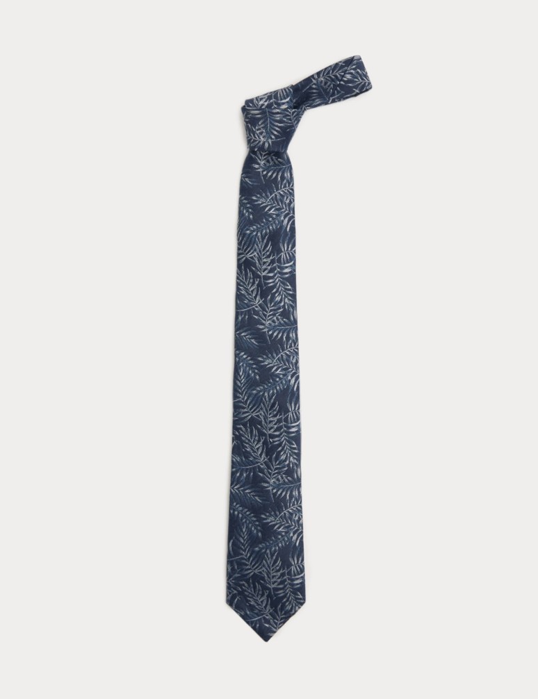Silk Linen Blend Printed Leaf Tie