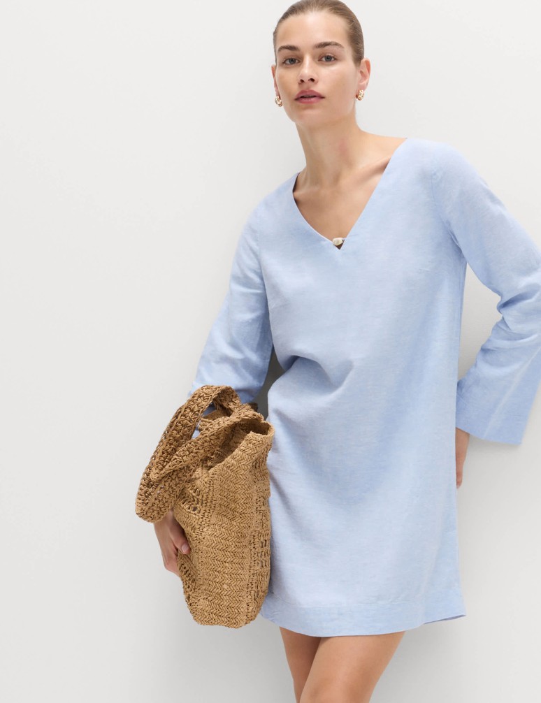 Splývavé mini šaty s výstřihem do V, ozdobnými korálky a s vysokým podílem lnu