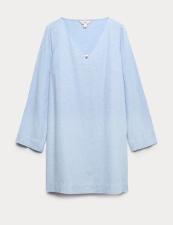 Splývavé mini šaty s výstřihem do V, ozdobnými korálky a s vysokým podílem lnu