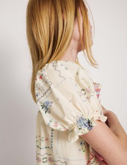 Květované minišaty z čisté bavlny s nabíranými rukávy (6–16 let)