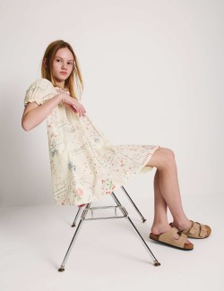 Květované minišaty z čisté bavlny s nabíranými rukávy (6–16 let)