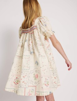 Květované minišaty z čisté bavlny s nabíranými rukávy (6–16 let)