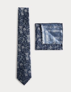 Pure Silk Small Floral Tie and Hank Set