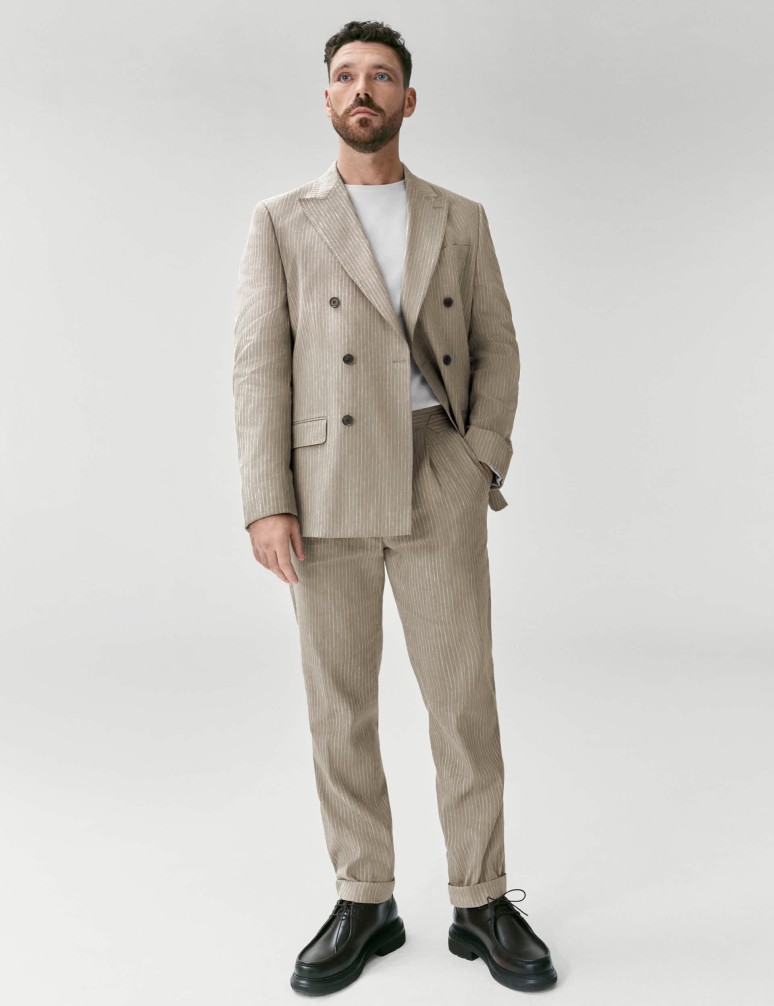 Oblekové kalhoty ze směsi italského lnu s úzkými proužky Performance, mírně projmutý střih