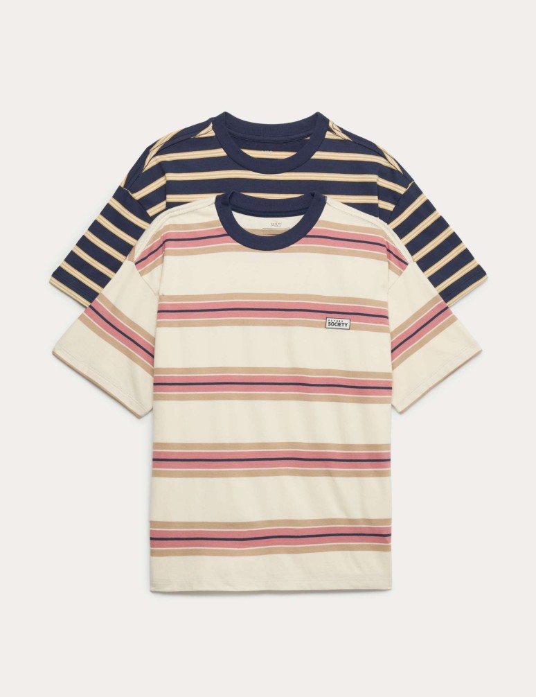 2 Pack Pure Cotton Striped T-Shirts (6-16 Yrs)