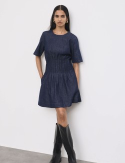 Denim Pintuck Mini Skater Dress