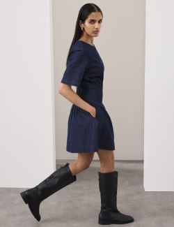 Denim Pintuck Mini Skater Dress