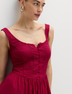 Linen Rich Scoop Neck Lace Insert Midi Waisted Dress