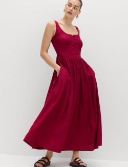 Linen Rich Scoop Neck Lace Insert Midi Waisted Dress