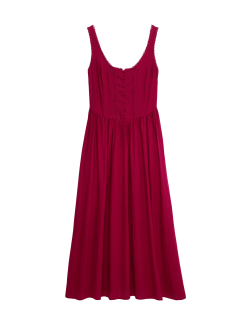 Linen Rich Scoop Neck Lace Insert Midi Waisted Dress