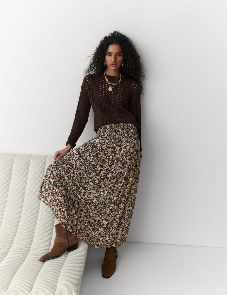 Květovaná nabíraná maxi sukně se zvýrazněným pasem