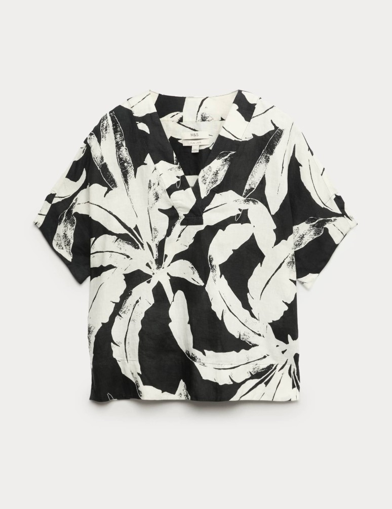Pure Linen Printed V-Neck Popover Top