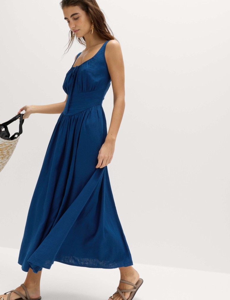 Linen Rich Round Neck Strappy Midi Swing Dress
