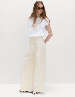 Single Pleat Wide Leg Trousers with Linen