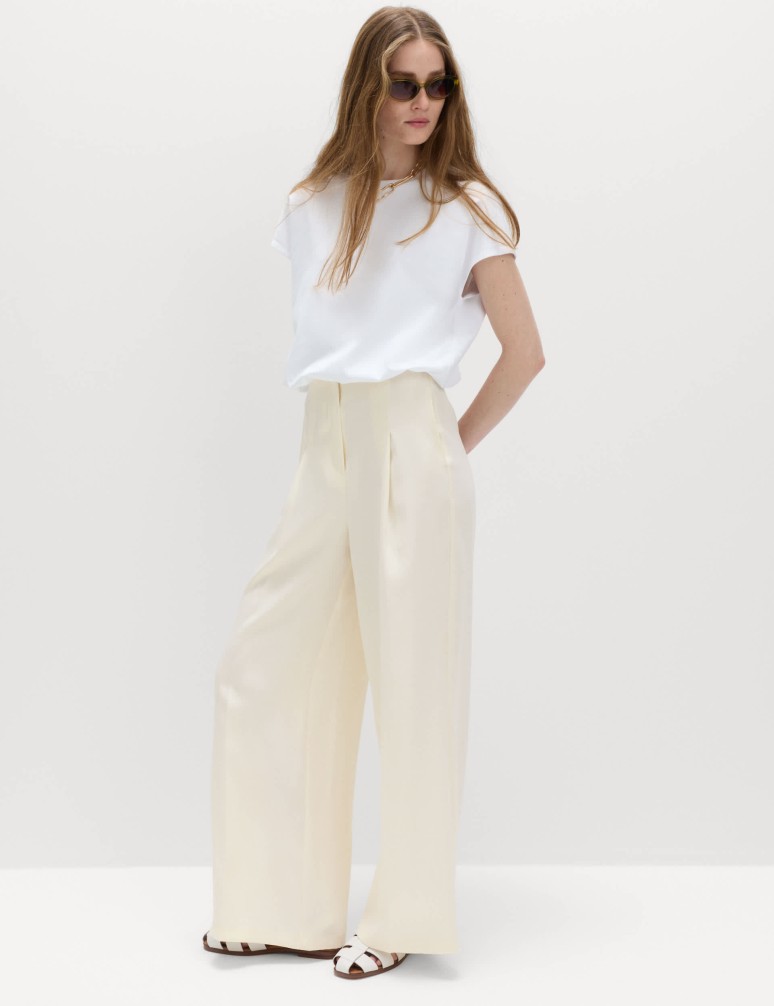 Single Pleat Wide Leg Trousers with Linen