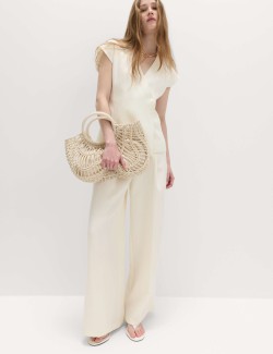 Single Pleat Wide Leg Trousers with Linen