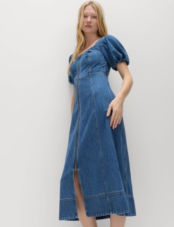 Denim Puff Sleeve Midi Waisted Dress