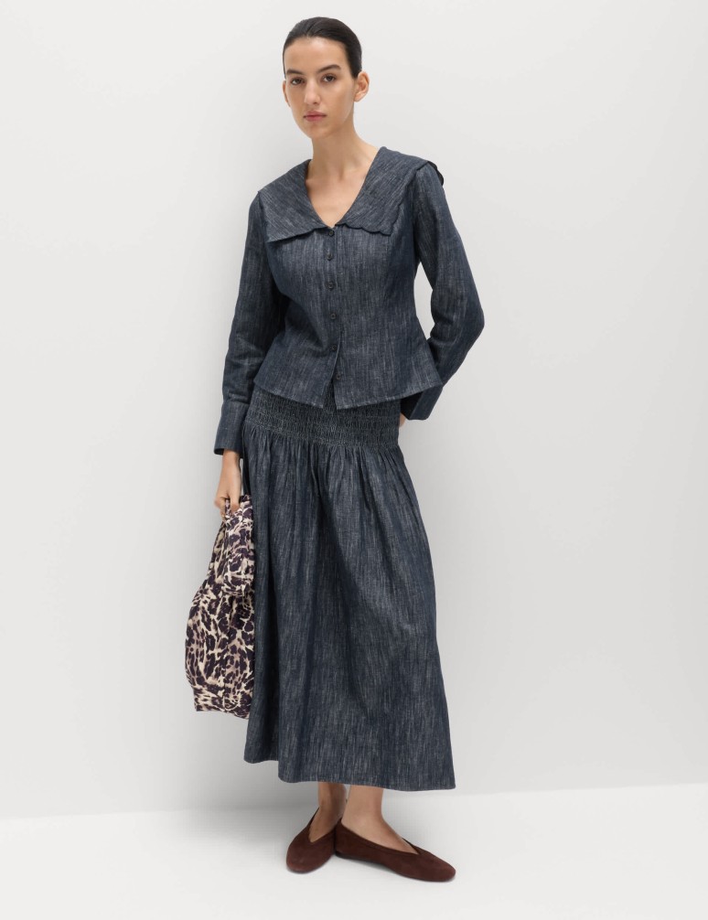 Linen Blend Denim Shirred Midaxi Drop Waist Skirt