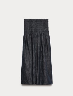 Linen Blend Denim Shirred Midaxi Drop Waist Skirt