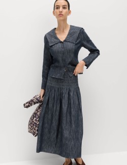 Linen Blend Denim Shirred Midaxi Drop Waist Skirt