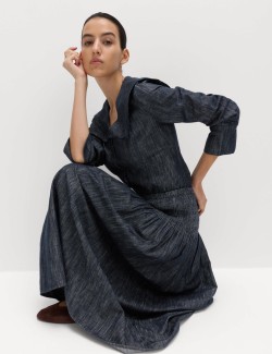 Linen Blend Denim Shirred Midaxi Drop Waist Skirt