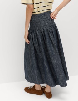 Linen Blend Denim Shirred Midaxi Drop Waist Skirt