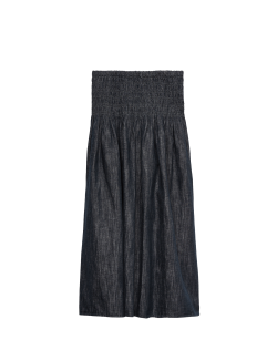 Linen Blend Denim Shirred Midaxi Drop Waist Skirt