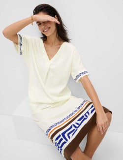 Linen Rich Printed V-Neck Midi Shift Dress