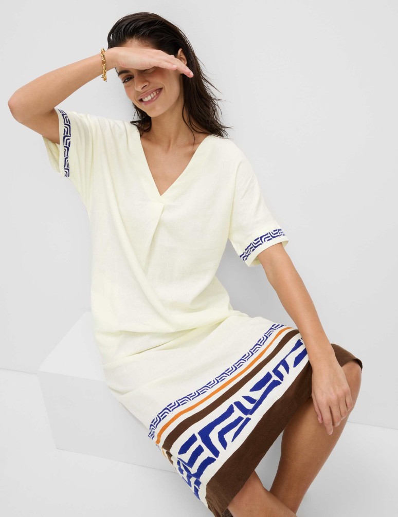 Linen Rich Printed V-Neck Midi Shift Dress