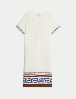 Linen Rich Printed V-Neck Midi Shift Dress
