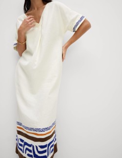 Linen Rich Printed V-Neck Midi Shift Dress