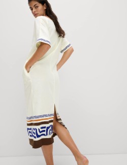 Linen Rich Printed V-Neck Midi Shift Dress