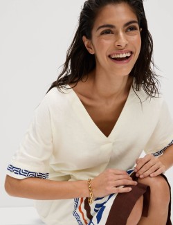 Linen Rich Printed V-Neck Midi Shift Dress